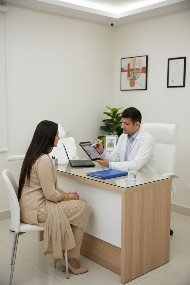 Médica atendendo paciente em consultório particular